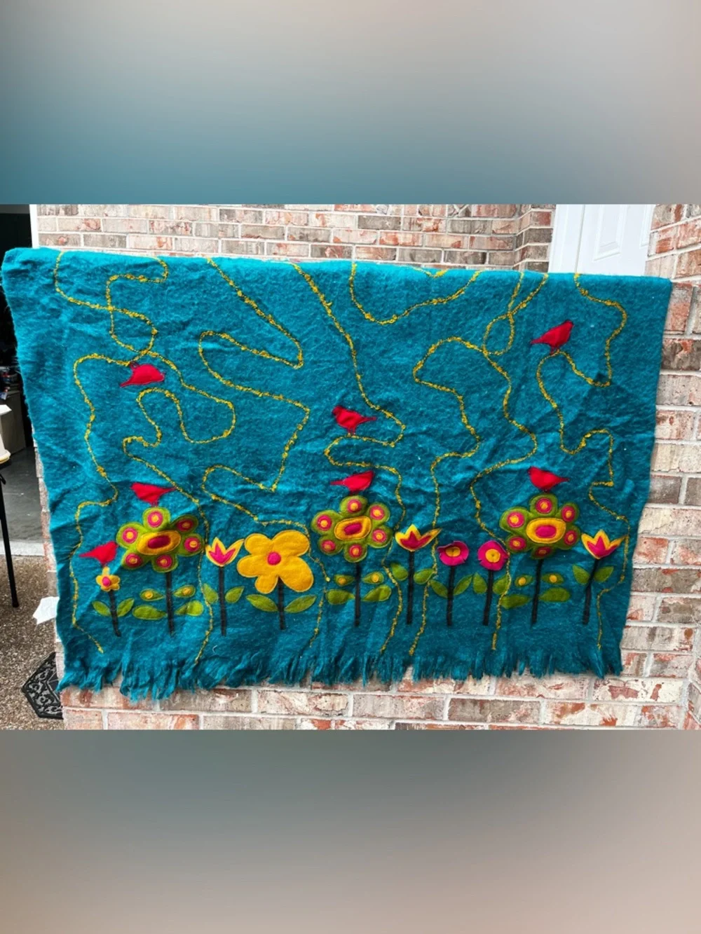 Vintage Teal Wool Floral Felted Throw with Red Birds
